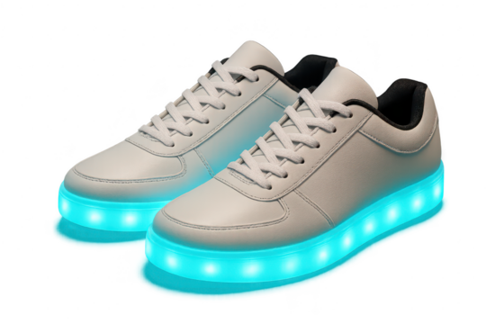 Pair of stylish white sneakers with LED soles isolated on transparent background - Powered by Adobe