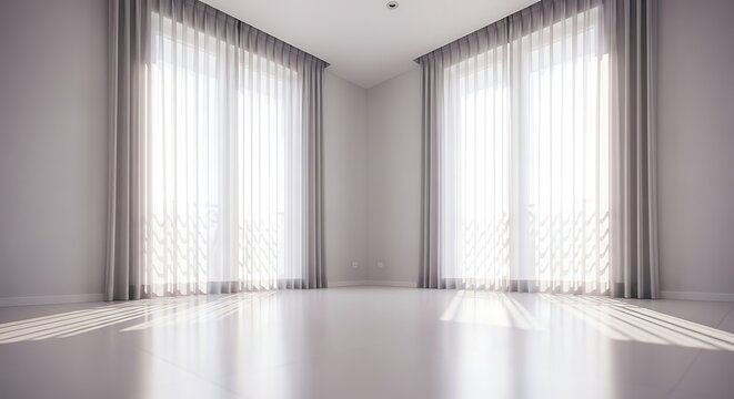 Bright empty room with sheer curtains and sunlight patterns interior window