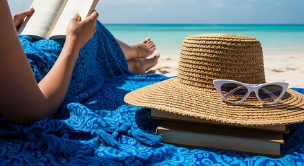 Woman reading a book on a beach with straw hat and sunglasses
