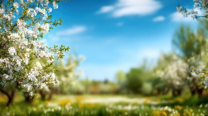 A peaceful garden scene showcases blooming flowers under a clear blue sky. Lush greenery surrounds the vibrant blossoms creating an inviting spring atmosphere for relaxation.
