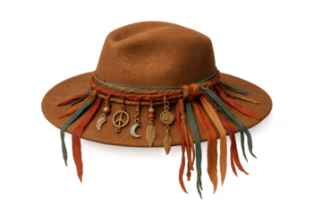 Boho style brown hat with charms isolated on transparent background design