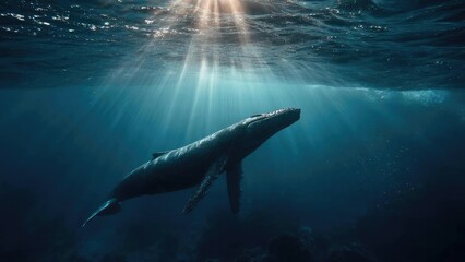 Fototapeta premium A large whale swims underwater as sun rays stream down from the surface. Concept Underwater Whale, Sunbeams in Ocean, Majestic Marine Life, Deep Sea Photography, Ocean Exploration