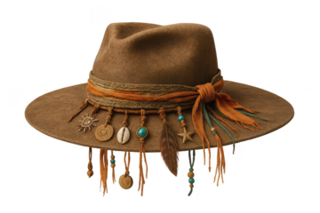 Stylish brown hat with boho decorations isolated on a transparent background, chic