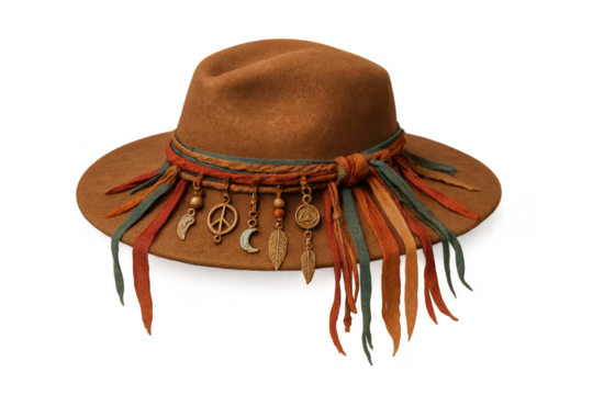 Boho style brown hat with charms isolated on transparent background design - Powered by Adobe