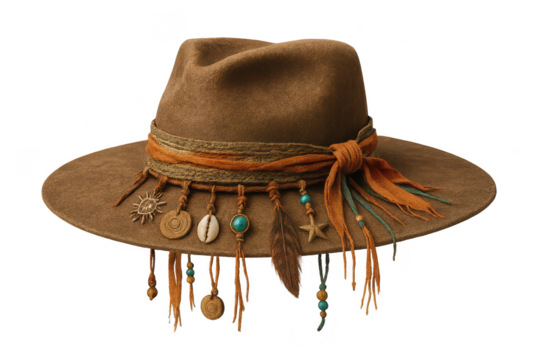 Stylish brown hat with boho decorations isolated on a transparent background, chic
