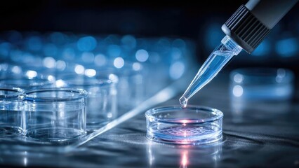 Pipette releasing a droplet into a Petri dish in a laboratory, with other glass dishes in the background. Concept Pipette releasing droplet, Petri dish close-up, Laboratory glassware