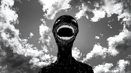 Terrifying dark creature with an open, toothy mouth against a dramatic, cloudy sky, evoking a sense of horror, fear, and a nightmarish vision in black and white