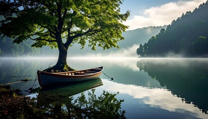 Serene landscape Boat rests by a tree on a tranquil lake, surrounded by mountains and misty air, all reflected perfectly