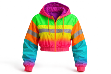 Isolated colorful neon windbreaker jacket with transparent background ready to use