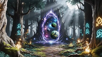 Mystical forest portal scene with glowing symbols and abstract planets - Powered by Adobe