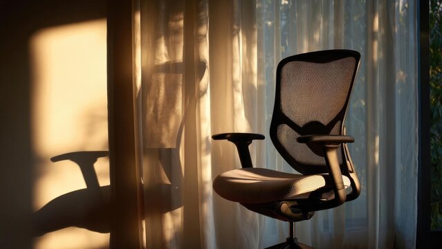 An ergonomic office chair by a sunlit window, casting a long shadow on the wall beside sheer curtains. Concept Ergonomic Office Chair, Sunlit Window, Long Shadow, Sheer Curtains, Bright Natural Light