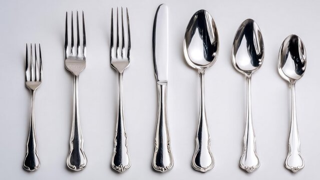 Row of polished silverware—forks, a knife, and spoons—laid out on a light background. Concept Minimalist flat lay of silverware, Polished cutlery arrangement, Row of forks and spoons