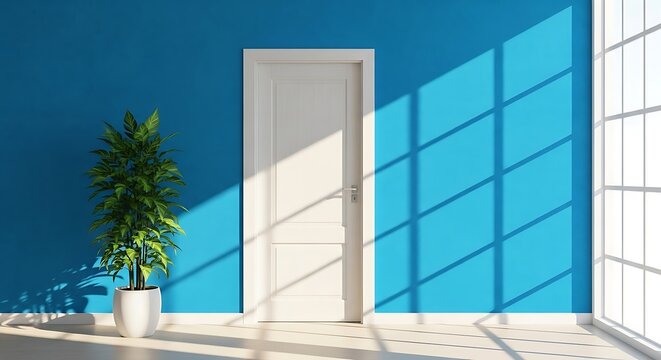 Blue wall with white door and plant casting geometric shadows interior