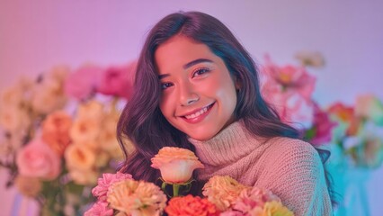 Smiling woman in a beige knit turtleneck holds a bouquet of pastel roses. Concept Smiling woman, Beige knit turtleneck, Bouquet of pastel roses, Soft lighting, Portrait shot