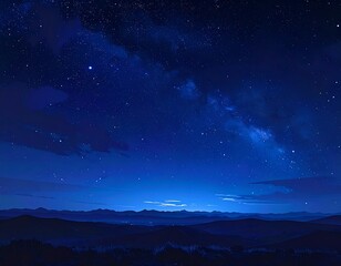 Fototapeta premium Deep blue night sky over distant mountains, shimmering stars visible