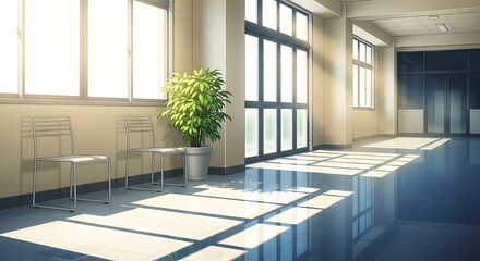 Anime style school hallway with chairs and potted plant manga corridor