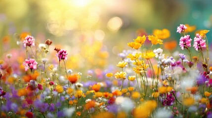 A vibrant meadow showcases diverse wildflowers in full bloom under warm sunlight. Different colors including pink yellow and purple create a lively and cheerful scene.