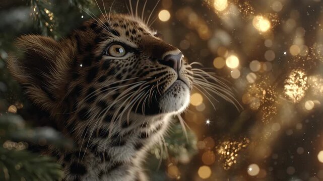 A baby leopard is looking at the camera. The background is blurry and has a lot of light. Leopard cub in shimmering christmas background, cinematic light