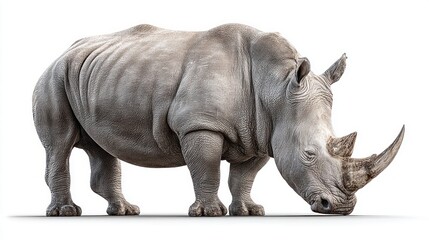 A majestic rhinoceros stands proudly against a clean white background