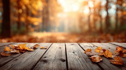 Autumn forest scene with wooden table and fallen leaves in warm sunlight