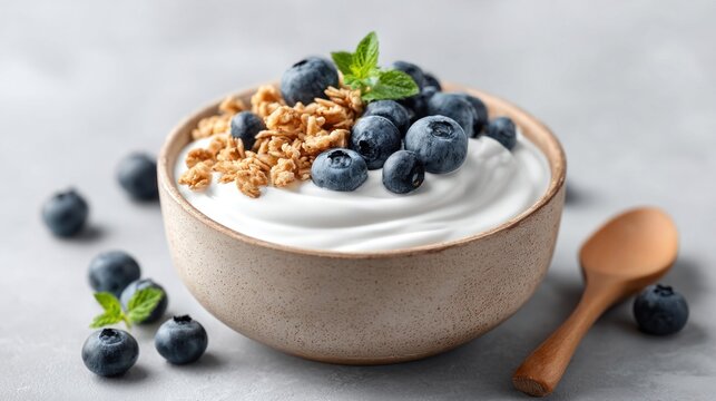 Delicious yogurt bowl with fresh blueberries and granola for a healthy breakfast