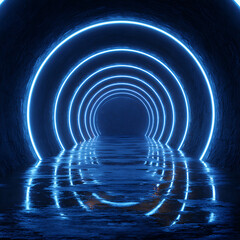 Obraz premium Futuristic glowing blue neon tunnel with concentric rings and reflective floor