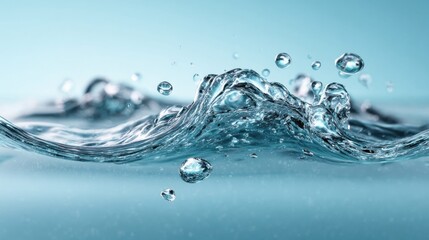 Macro shot of water wave with bubbles and splashes in shades of blue