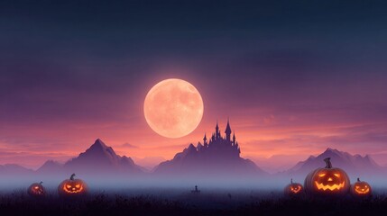 spooky halloween night scene with pumpkins, castle, and full moon