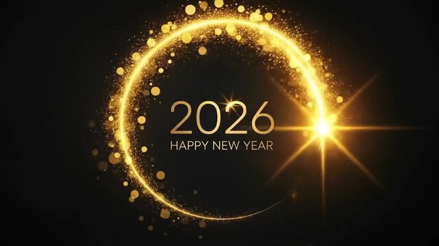 Shimmering festive circle for Merry Christmas Happy New Year eve 2026 animation with radiant golden particles forming glowing ring on dark background creating luxurious greeting atmosphere animated 