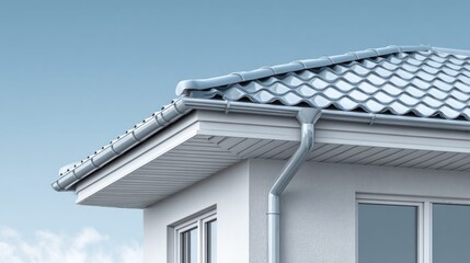 Modern home exterior with a detailed view of the roof and rain gutter system
