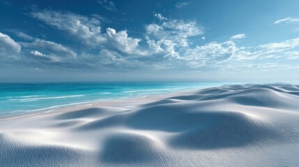 White sand dunes meet the turquoise ocean under a bright blue sky