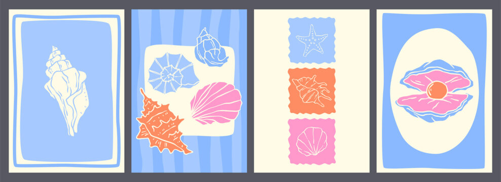 Marine posters set with seashell sketches in abstract frames. Vector illustration of minimalist stamps with shell, starfish, pearl and hand drawn color borders, underwater life design, tropical nature