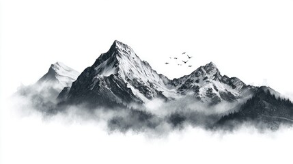 Dramatic monochrome mountain landscape with birds in flight against a white background
