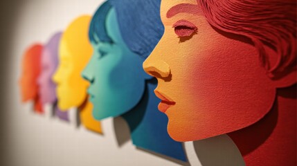Colorful paper cutouts of women's faces in profile