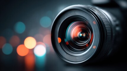 Close-up of a camera lens with a blurred background of colorful bokeh lights.