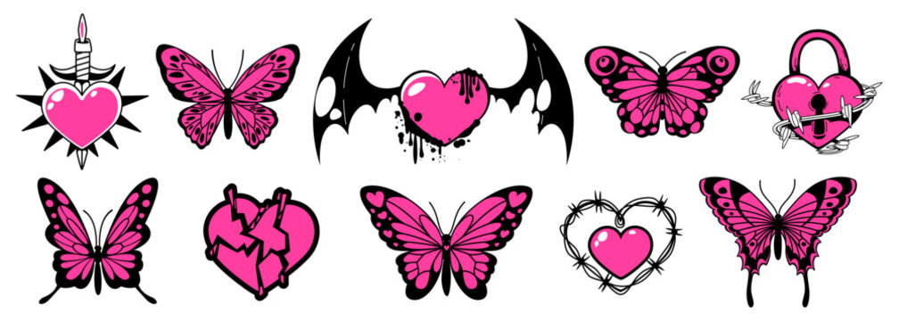 Gothic heart tattoo set with pink butterfly motifs and emo y2k aesthetics - barbed wire frame, bat wings and broken shape, dagger piercing and dripping blood effect. Vector edgy romantic designs.