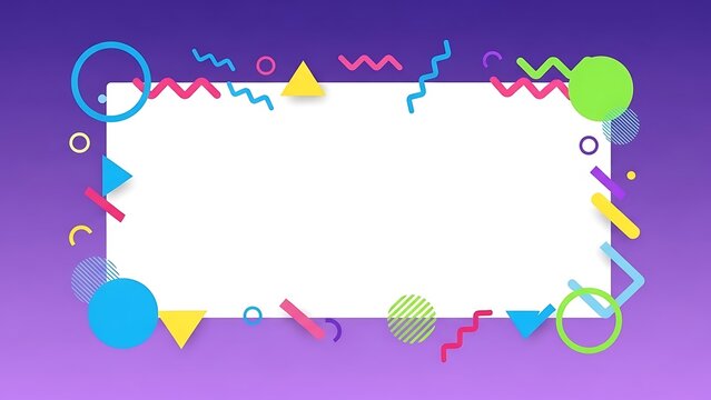 Abstract geometric background with a white rectangular frame surrounded by colorful shapes in a playful, retro Memphis design style - Powered by Adobe