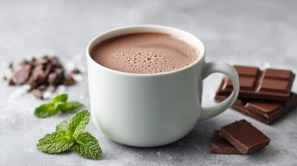 Delicious hot chocolate with mint and dark chocolate on a gray background