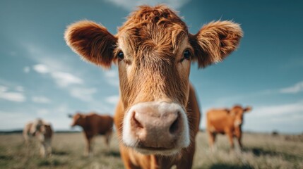 Close-up of a curious cow in a field with other cattle on a sunny day