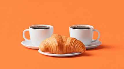 Freshly baked croissant and coffee cups on a vibrant orange background