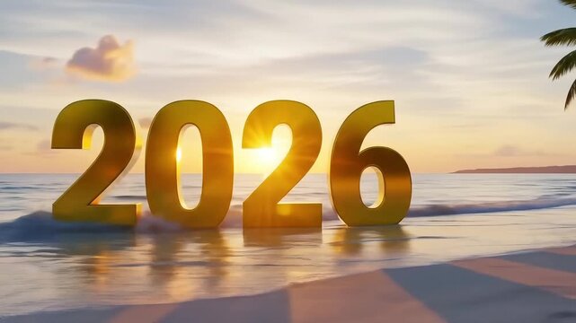 Animated tropical beach view with glowing golden 2026 digits shining in warm sunset light over calm ocean waves forming a beautiful Merry Christmas Happy New Year eve animation for festive seasonal 