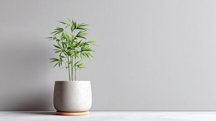 Elegant bamboo plant in a modern pot against a minimalist gray wall
