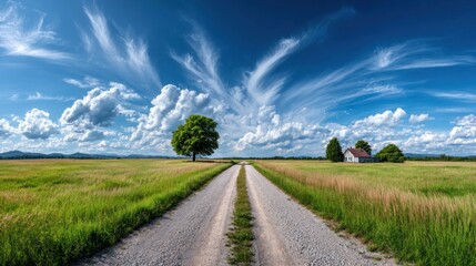 Scenic countryside gravel road leading to a distant house under a bright blue sky