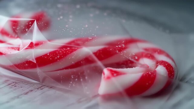 Close-up of a festive red and white striped candy cane, still in its clear plastic wrapper, with a soft focus background, evoking holiday cheer and sweet treats.