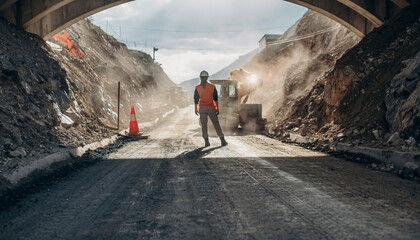 Focused female engineer overseeing highway construction with heavy machinery working, ensuring safety and precision on a sunny day with hard work ahead