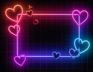 Glowing neon hearts frame, arranged on grid, vibrant colors against black