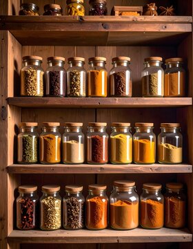 Rustic wooden spice rack filled with colorful spices in glass jars with cork lids