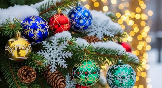 Decorated christmas tree with colorful ornaments snowflakes and pine cones covered with snow outside - Powered by Adobe