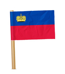 Liechtenstein paper flag with wooden pole realistic 3d illustration. Hand flag of Liechtenstein transparation png