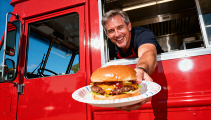 Smiling man in a food truck serves a delicious hamburger on a plate, showcasing vibrant colors and appetizing details, perfect for food marketing mockup with copy space